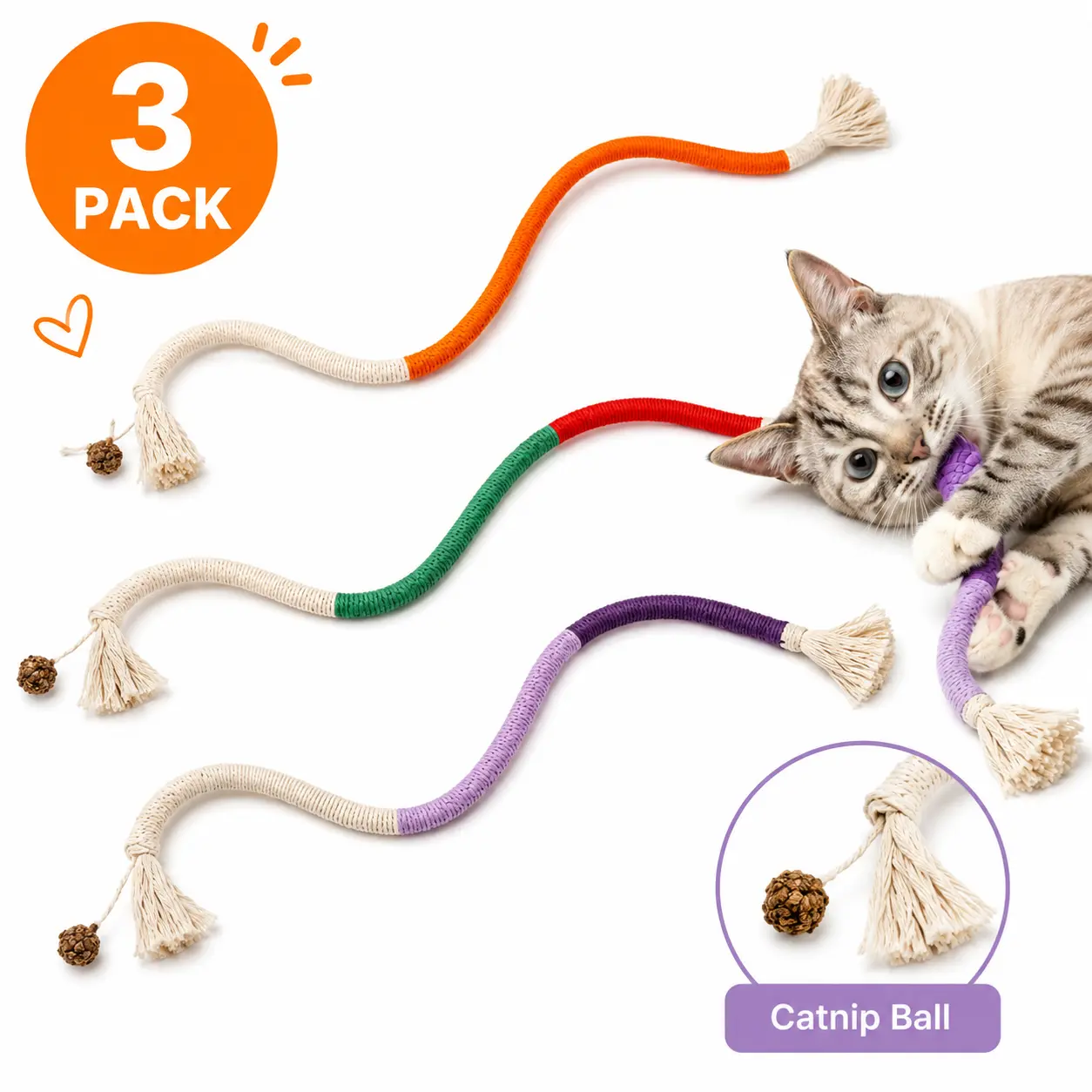 3 Pack Cat Chew Rope Toys with Refillable Natural Catnip Interactive Catnip Toys for Indoor Cats and Kittens Teeth Cleaning Chew Toys for All Breeds Pet Play Toys for Biting Chewing Enrichment Dental Care Daily Exercise and Interactive Indoor Play Time