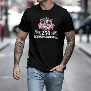 Men’s USA 250th Anniversary Semiquicentennial T-shirt, 1776–2026 patriotic crossed flags graphic tee, vintage style, short-sleeve casual shirt—perfect for the Fourth of July/Independence Day, patriotic events, everyday wear, and streetwear.