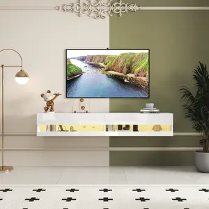 Floating Wall-Mounted TV Stand for 80” TVs, White Media Console with 20-Color LED Lights & Charging Station, Modern Storage Shelf