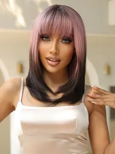 20 Inch Pink & Black Mid-length Long Straight Wigs for Women, Summer 2024 Gorgeous Fluffy Wigs with Bangs, Synthetic Full Machine Wigs for Party, Daily Use, Fashion Fluffy Wigs, Synthetic Hair Wigs
