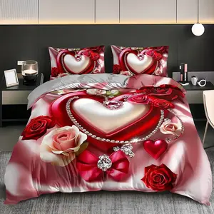 2/3 Piece Romantic Red Rose Heart Synthetic Gemstone Bedding Set - 1 Duvet Cover + 1/2 Pillowcases (No Filling), High-Definition Print, Suitable for All Seasons, Home and Dormitory Use