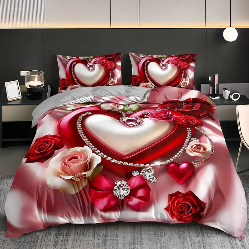 Romantic Red Rose Heart Synthetic Gemstone Bedroom Bedding Set - 2/3 Pieces (1 Decorative Duvet Cover + 1/2 Pillowcases, No Filling), High-Definition Print, All-Season Use, Home/Dormitory Suitable