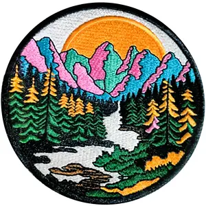 Mountain River and Sun Adventure Outdoor Patch,3.5 inch Iron-on Sublimated Applique for Clothing Vest Jacket, Nature Badge, Hiking Trail,Nature Hiking Camping Patches Iron On Patches