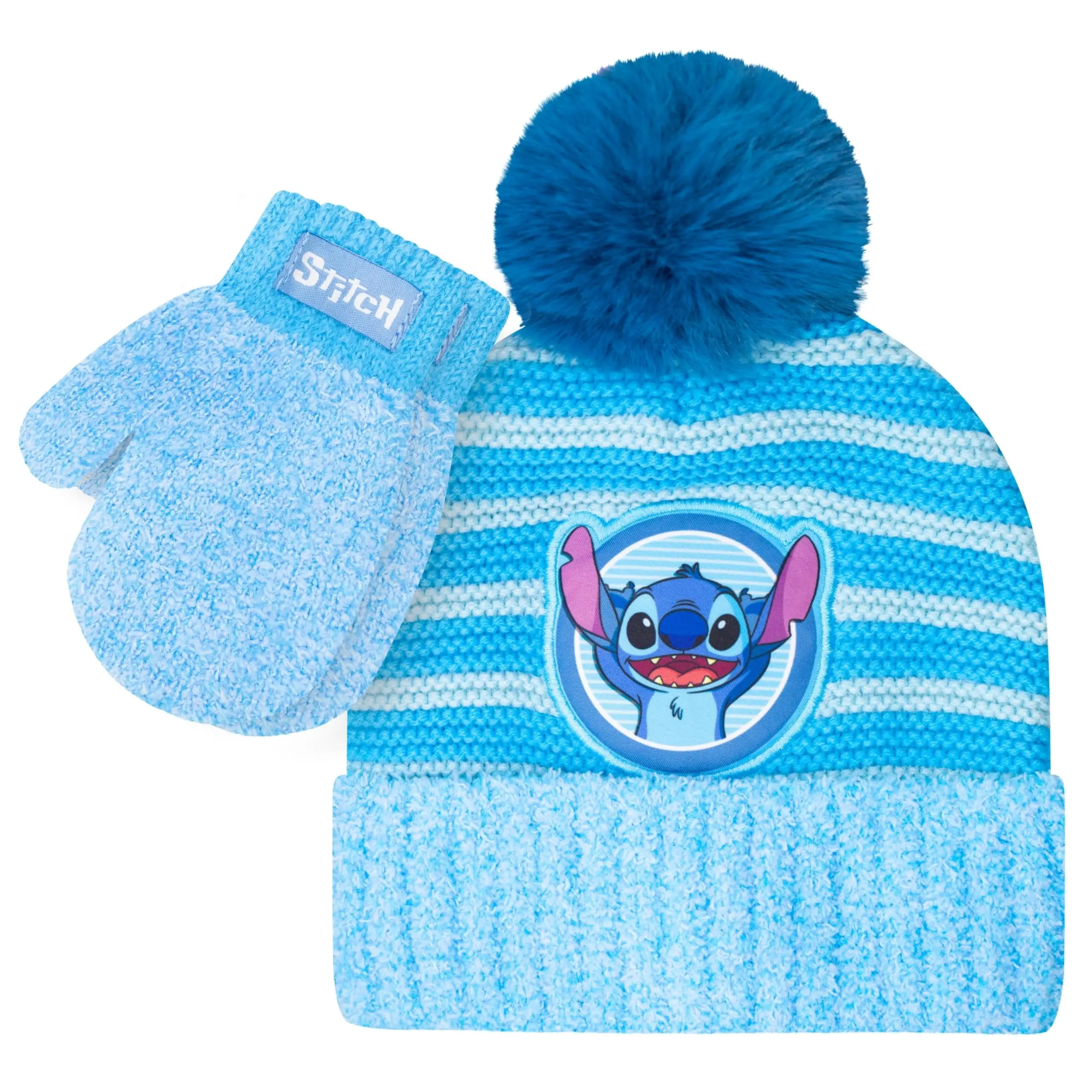 Disney Stitch Toddler Winter Beanie & Mittens Set - Soft Knit Pom-Pom Hat, Stretch Mittens for Boys & Girls, Ages 3-4, 3 - 4 Years