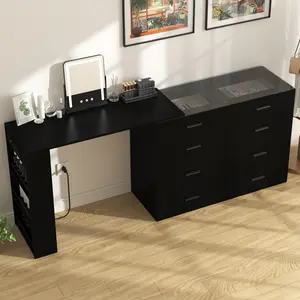 42''Glass Top Vanity Desk with LED Lights,Makeup Desk with Power Outlets,Makeup Vanity with 8 Drawers and 3 Open Storage Shelves,Extendable Modern Dressing Table for Girls Women Bedroom