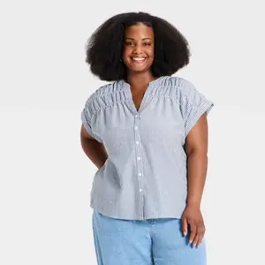 Women's Dolman Short Sleeve Smocked V-Neck Button-Front Top - Ava & Viv Navy Blue Striped 3X