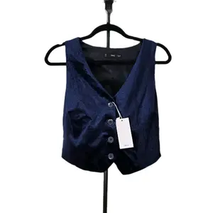 Mango Women's Blue Velvet Vest - Stylish Button Front Design with Pocket Detail for Everyday Wear
