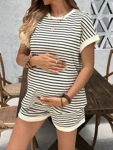 Maternity Two-piece Set, Comfortable Casual Versatile Loose Stretch White Striped Maternity Set for Summer