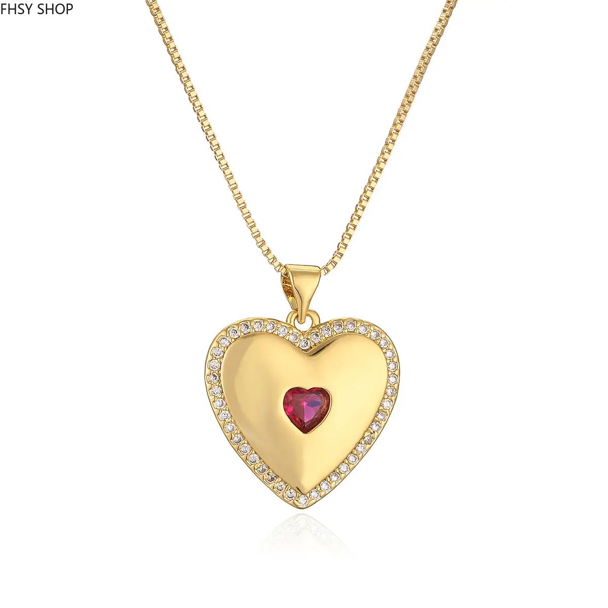 FHSY SHOP Luxury Paved Zircon Heart Necklace Large Gold Heart Pendant with Ruby‑Red Center Crystal for Valentines Day, Anniversary & Romantic Gifts