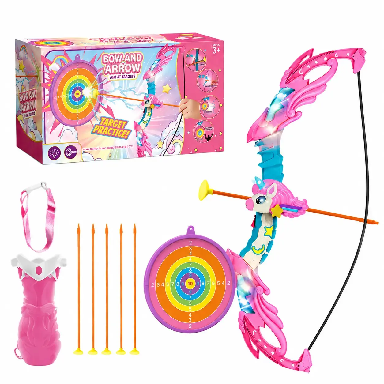 Bow and Arrow Set for Girls, Unicorn LED Light Up Kids Archery Toy with 10 Suction Cup Arrows, Target & Quiver, Indoor Outdoor Shooting Toy, Birthday Christmas Gift for Kids Age 3+
