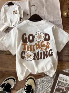 Women's Floral & Letter Print Round Neck Graphic Tee, Vintage Trendy Casual Short Sleeve T-shirt for Daily Wear, Ladies Summer Outfit