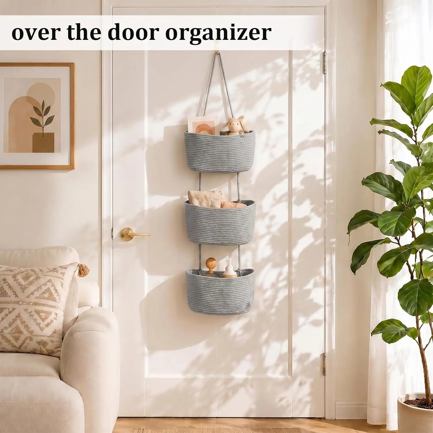 Hanging Over The Door Organizer, 3-Tier Woven Jute Basket Storage Shelf, Wall Mounted Storage Basket for Bathroom, Nursery, Closet & Home Decor