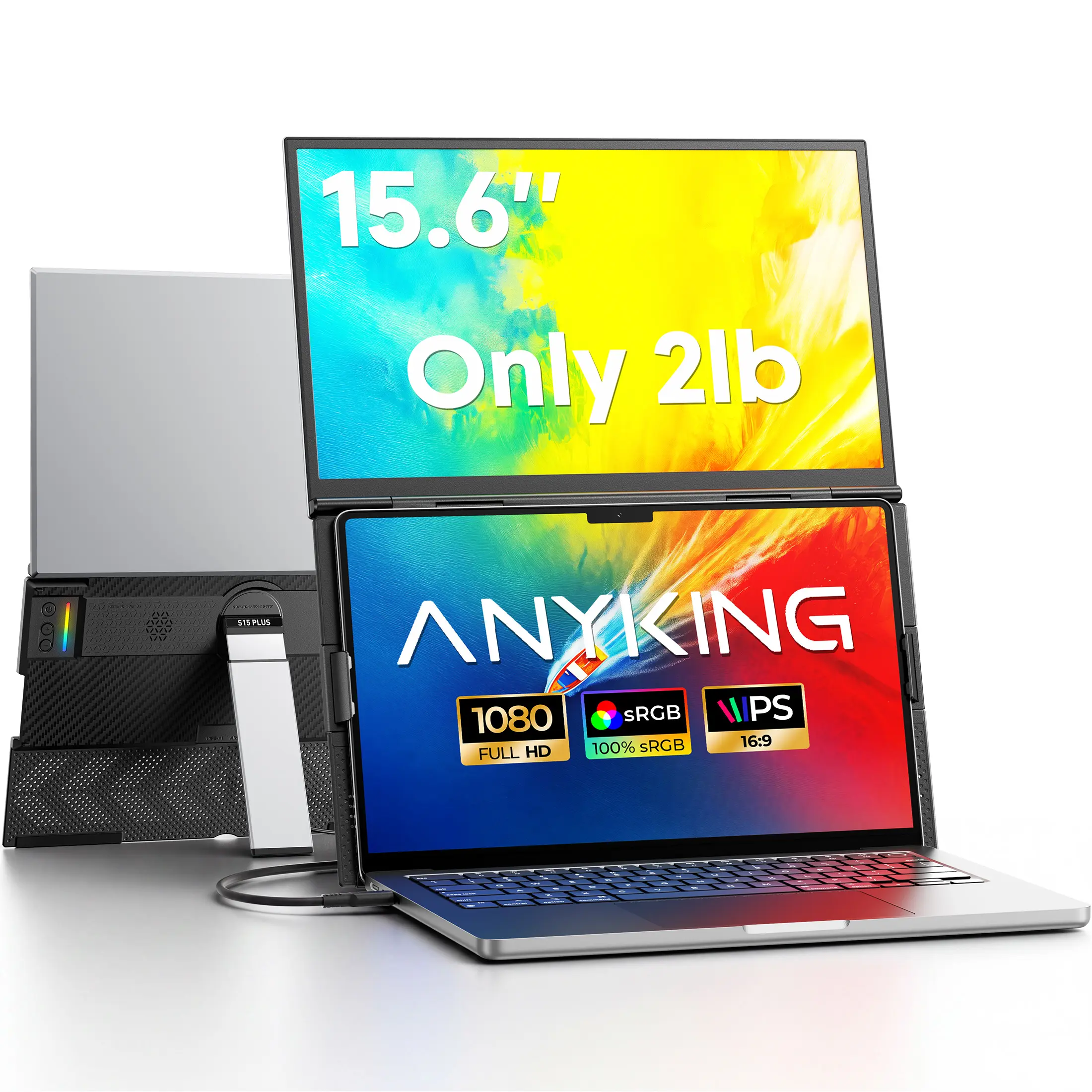 AnyKing Laptop Screen Extender, 15.6” Portable Monitor for Laptop, Top-Mounted Dual Screen Extender for Remote Work, Travel, Meetings, Coding & Study
