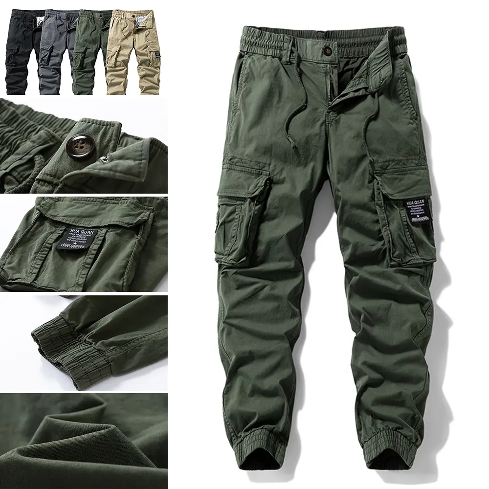 100% Cotton Multi-Pocket Tactical Cargo Pants, 3D Flip Cargo Pockets, Fabric Label Decoration, Everyday Functional Jogger Work Pants