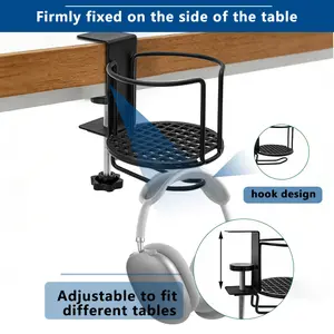 2-in-1 Space Saver Desk Cup Holder with Headphone Hook, Adjustable Clamp-on Side Table Drink Organizer, Sturdy Anti-Slip Rubber Pads Gaming Accessory for Gamers’ Gaming Setup & Dorm Room