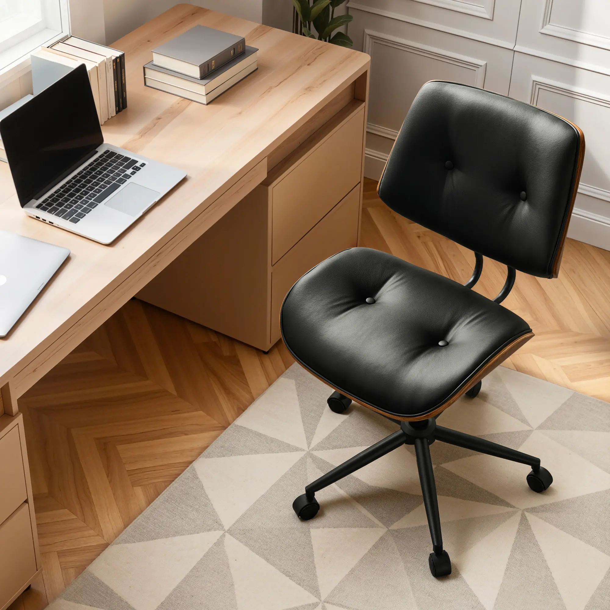 ALLWEX Adjustable PU Leather Office Chair, 360° Swivel, 90-120° Recline, Height Control, Ergonomic Armless Office Desk Chair, Mid-Century Modern Black Faux Leather with Diamond Stitch, Swivel Rolling Task Computer Chair for Home Office, Study & Work