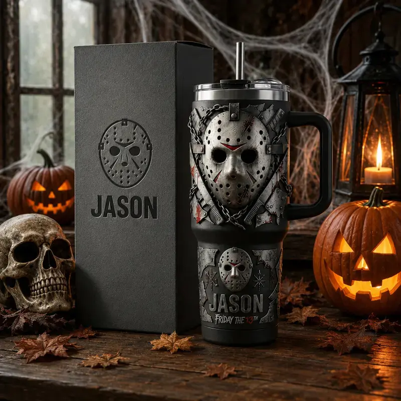 OceanSip4U Jason Voorhees Friday the 13th 40oz Stainless Steel Tumbler with Handle & Straw, Horror Movie Insulated Travel Mug, Halloween Jason Mask Cup, Gift for Horror Fans
