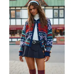 Women's Vibe Retro Ethnic Colorblock Knit Cardigan, Loose Fit Casual Sweater Jacket, Single Button Lazy Style, Fall Fashion