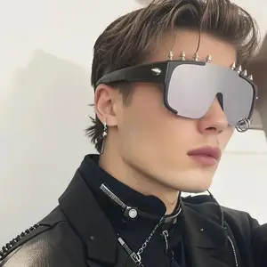 Men's Punk Gothic Sunglasses - Protection, One-Piece Lens with Edgy rivet accents, for Concerts, Cosplay, Everyday - Dark Shade Lens for Stage & Casual Wear Gaming Glasses Rectangular Reducing Focus Studded Rectangle Shield Glasses