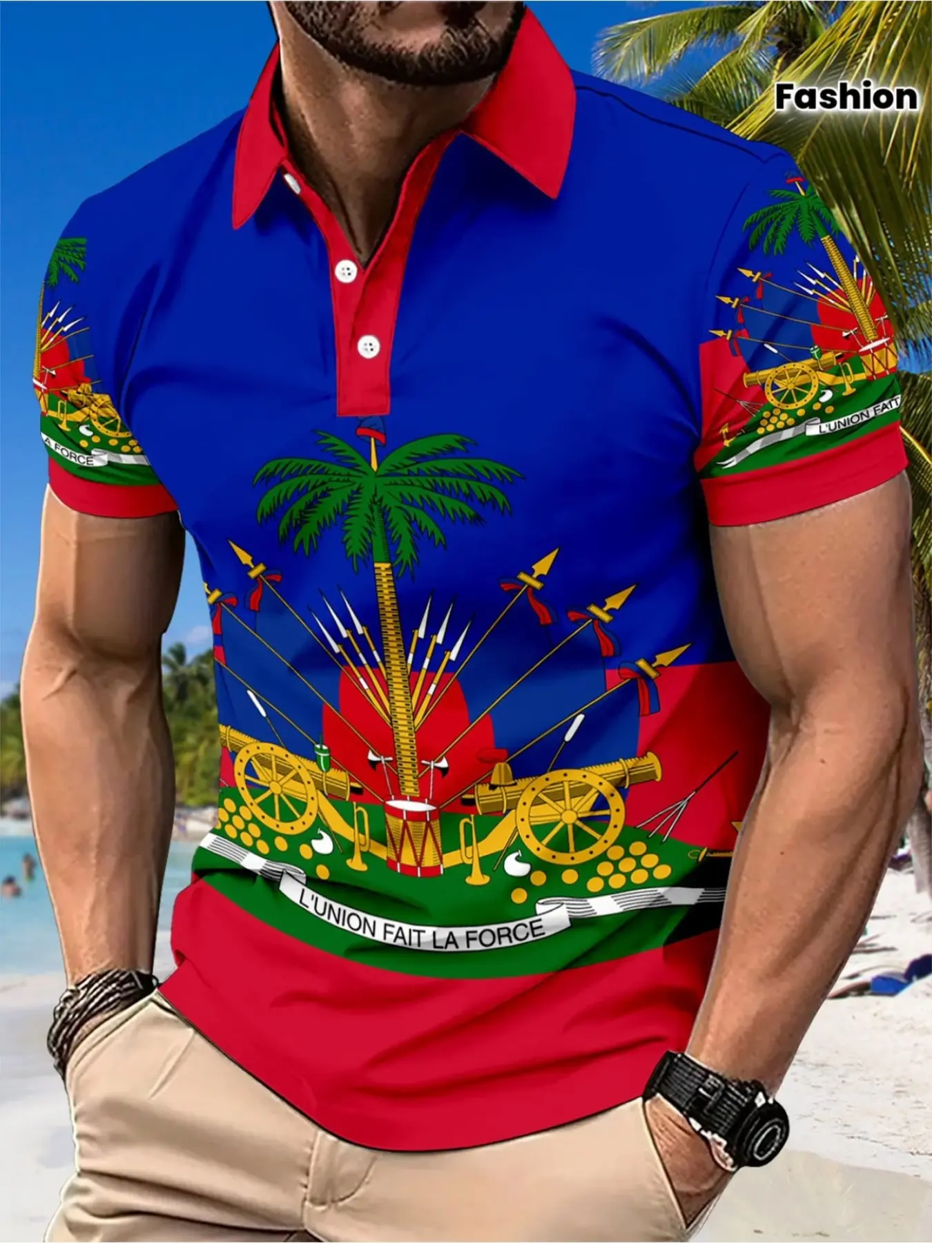 Summer Men's Tropical Colorblock Dopamine Full Print Street Fashion Polo, Haiti Flag Print Golf Shirt, Loose-Fit Casual All-Season Top, Polo Shirts
