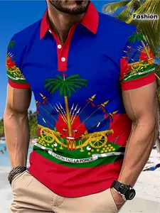 Summer Men's Colorblock Dopamine Full Print Street Fashion Polo, Haiti Flag Print Golf Shirt, Loose-Fit Casual All-Season Top