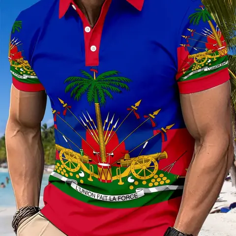 Summer Men's Tropical Colorblock Dopamine Full Print Street Fashion Polo, Collared Polo Shirt, Menswear, Haiti Flag Print Golf Shirt, Loose-Fit Casual All-Season Top, Printed Polo Shirts, Summer Polos