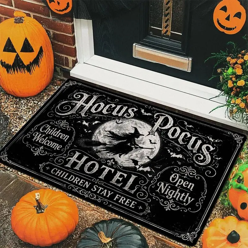 Hocus Pocus Witch Floor Mat Suitable for Living Room, Non-Slip Flannel with Witches Flying Over Moon, Machine Washable for Bedroom, Kitchen, Bathroom Decor - Holiday Themed Room Accessories