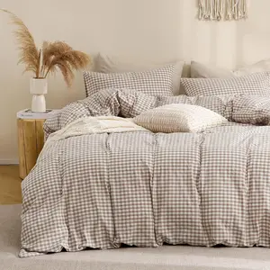 Tan Gingham Duvet Cover Bedding Set 100% Washed Cotton Linen Feel Super Soft Comfy 3 Piece Brown Vintage Plaid Checkered Fall Comforter Cover King 104"x90", Comforter Not Included
