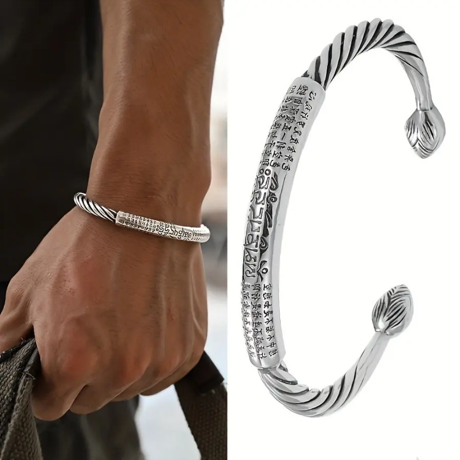 Six Characters Mantra Alloy Bracelet Men's Personality,The diameter of the bracelet is 7 to 8 centimeters. Heart Sutra Open Bracelet Retro Twist Line Bracelet Men's Bracelet Thai Silver free for shipping