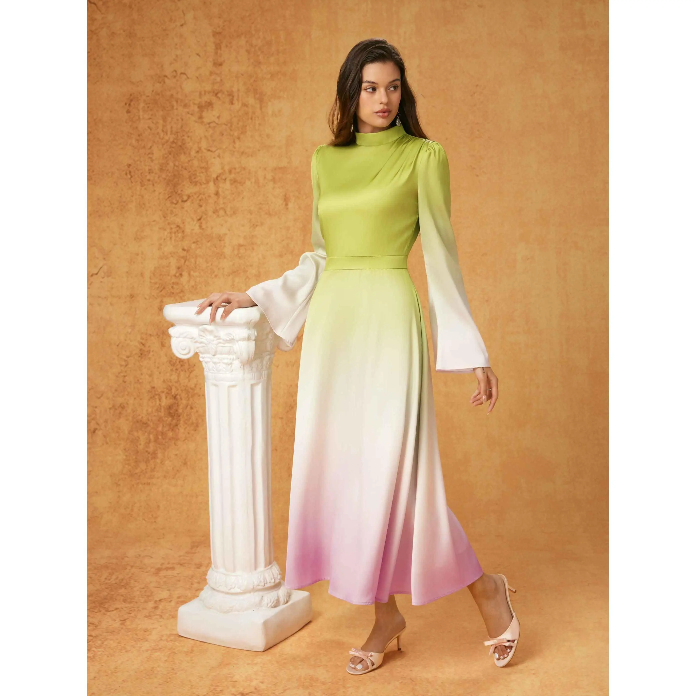Cider Satin Stand Collar Gradient Lace Up Bell Sleeve Flared Maxi Dress -  TikTok Shop