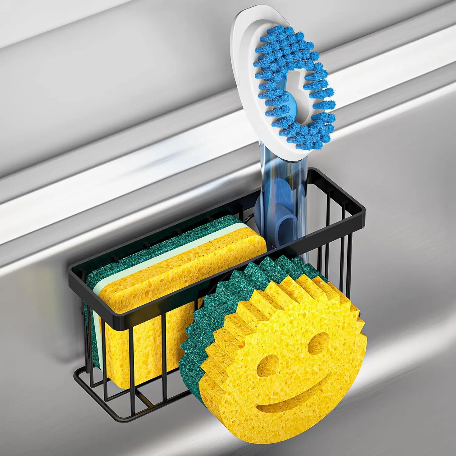 Sponge Holder Smiley Face,Sink Caddy,Sink Organizer with 2 Suction Cups/1 Adhesive Strips,Designed for Sponge,Soap,Dish Brush,Scrubber - Black MURLONG