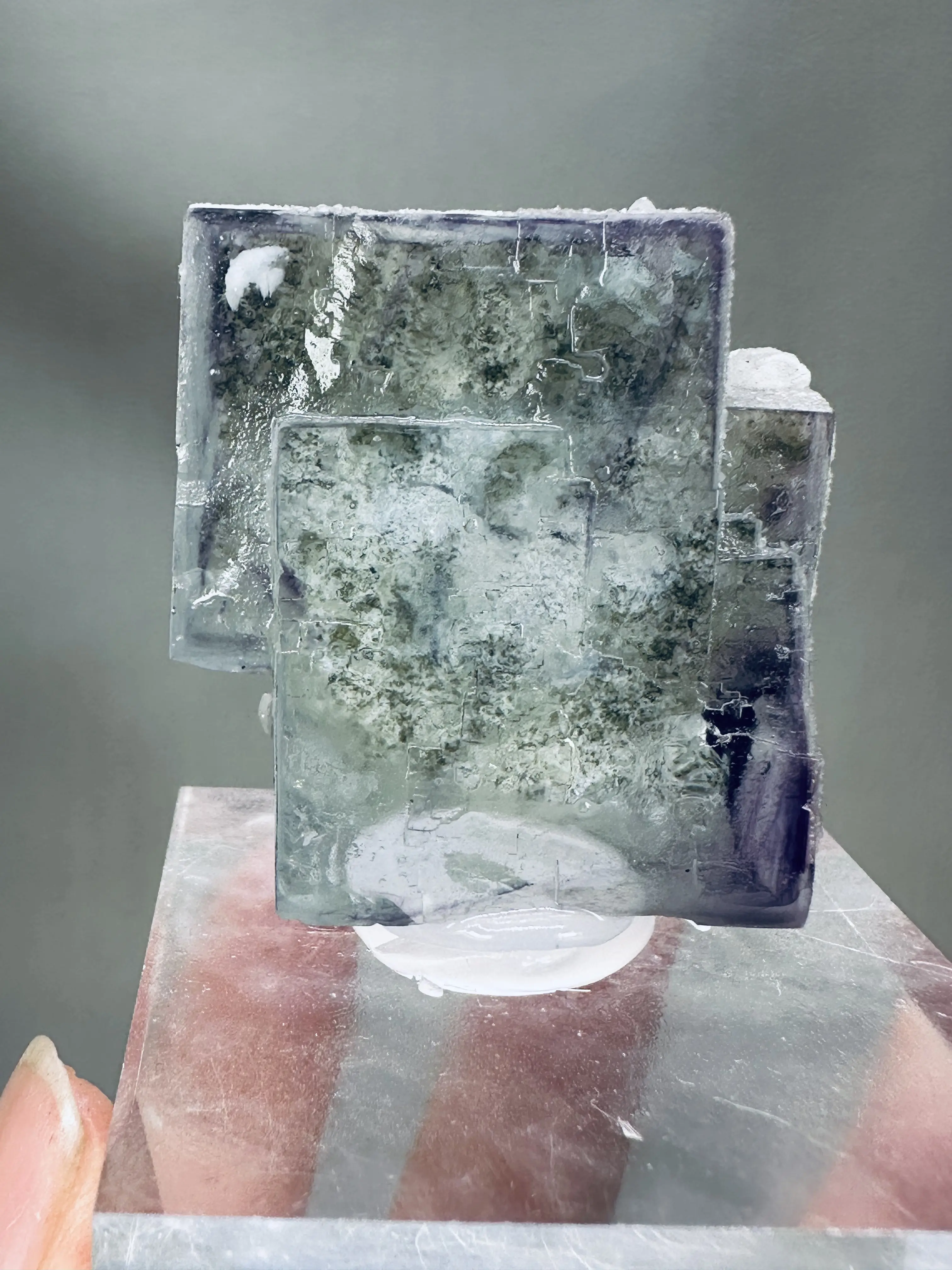 YGX Double Cube Fluorite - Unique Green and Purple Mineral Specimen on Clear Base for Collectors and Enthusiasts