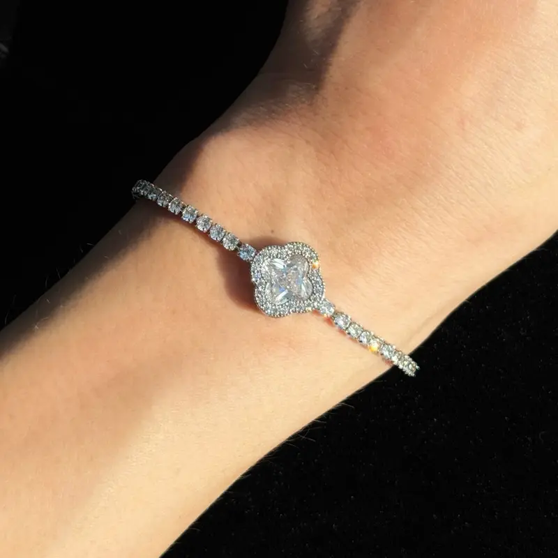 Silver-Tone Sparkling Crystal Clover Tennis Bridal Adjustable Bracelet - Clover