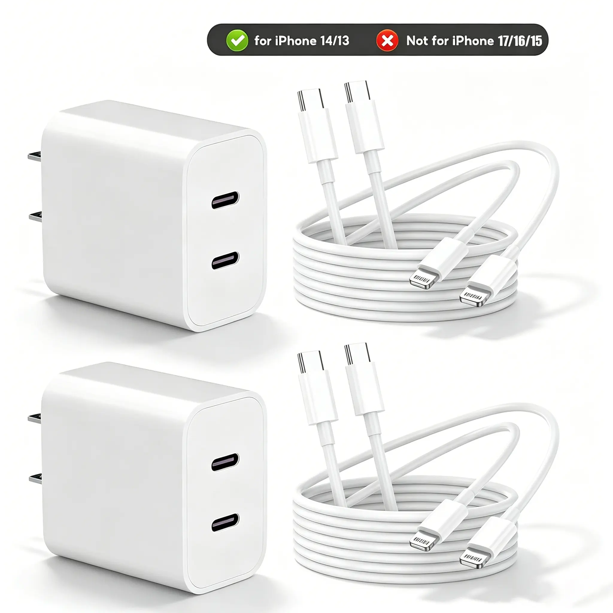 [MFI Certified] Dual USB-C Fast Charging Wall Charger Set for iPhone 14/13, Includes a 10-Ft Extra-Long USB-C to Lightning Fast Charging Cable, Compatible for iPhone 14/13/12/11/XR/XS/SE, iPad 9, and iPad 8
