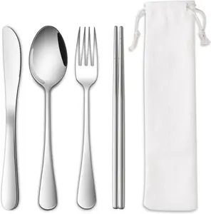 Travel Utentils Set With Pouch,Reusable Portable Camping Silverware Set Knife Spoon Fork Chopsticks For Picnic,Travel Accessories Gadgets,Picnic Essentials