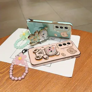 Fashion Strap Lanyard Cell Phone Charm Cute Bear PC Phone Holder Case with Elegant Protector For Compatible with Samsung Galaxy A14 5G Phone Wrist Strap Phone Accessories Phone Decoration