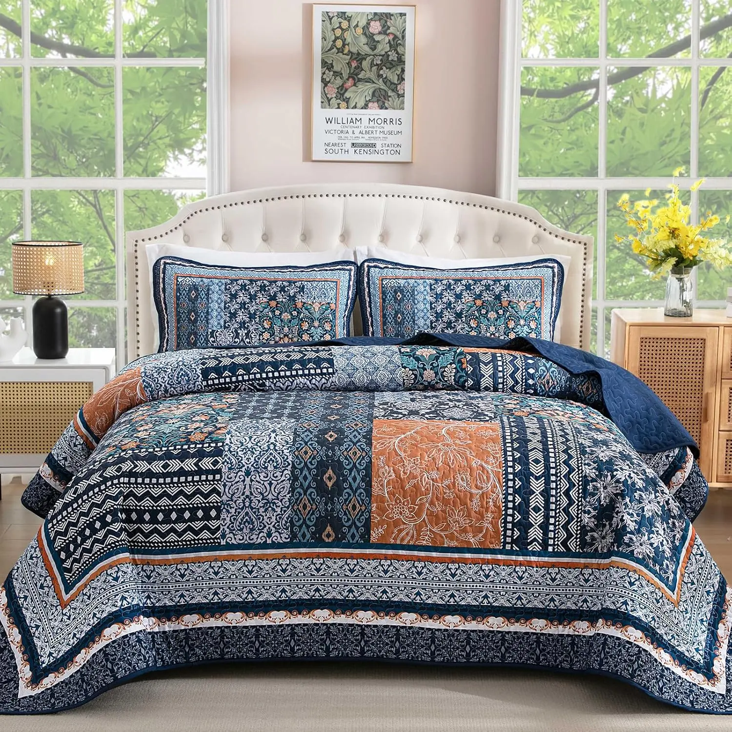 Navy Blue Set King Size,Bohemian Patchwork Bedspread Coverlet Set, Reversible Farmhouse Floral Pattern Bedspreads Bedding Set for All (104"x90")