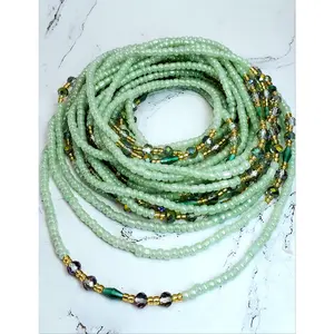 Pearlescent Green Tie-On Crystal Waist Beads - Adjustable Length with Colorful Beads & Embellishments, Symbolizing Prosperity, Fertility, and Wellness