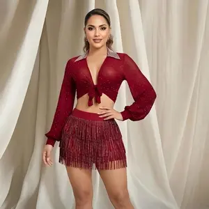 SUSAN-Mesh & Stone Embellished Collared Shirts 95%Poliester 5%Spandex