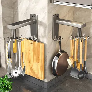 Manufacturer supplies no-drill wall-mounted kitchen utensil rack, rotating hook, kitchen utensil storage rack wholesale