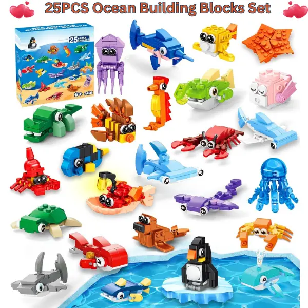 25PCS Unisex Marine Theme Building Blocks Party Set - Safe Colored Reusable Plastics Mini Sea Animal Bricks, Stacking Buildable Brick Buildings Party Favors for Kids Ages 6+, Stacking Blocks Buildings