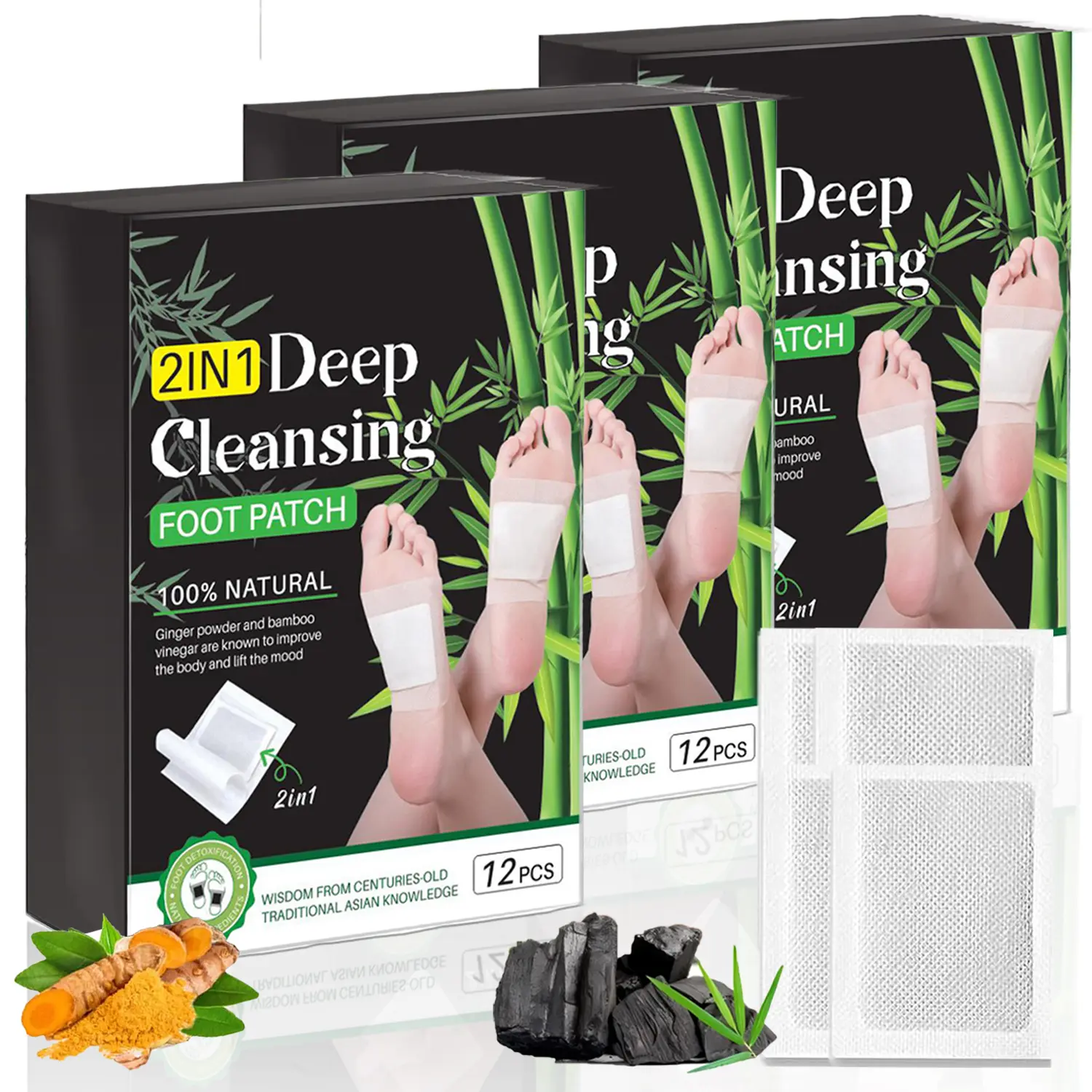 Masks 3 Boxes 2-in-1 Foot Patch, 12 Pcs Natural Bamboo Vinegar & Ginger Powder Foot Patch, Overnight Foot Care Pads for Relaxation & Self-Care, Easy to Use Foot Masks for Nighttime Routine   Nail