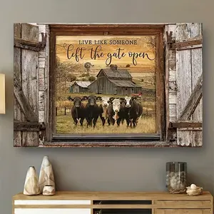 1pc Wooden Framed Farmhouse Cow Canvas Painting Wall Art Decor For Bathroom Bedroom Office Living Room Home Wall Decor Angus Cattle And Barn Country Framed Eid Al-Adha Mubarak