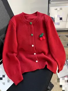 Women's Stylish Cherry Pendant Knit Sweater with Heart Button, Casual Fitted Long Sleeve Cardigan for Autumn & Winter, Cute School Style Layering Piece