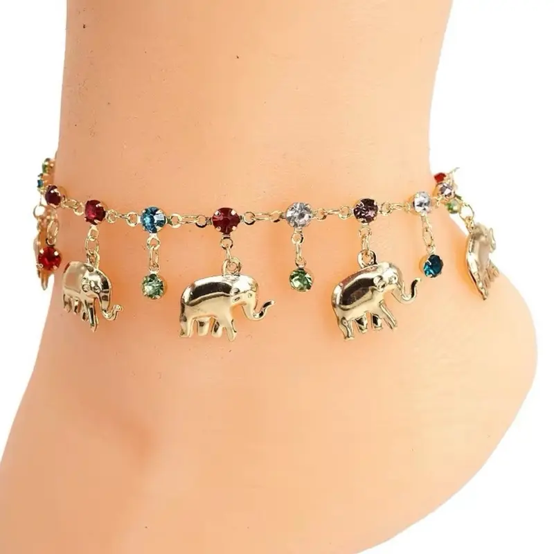 Elephant Charm Ankle Bracelet Gold Plated with Colorful Beads and Elephant Charms for Stylish Footwear Accessories