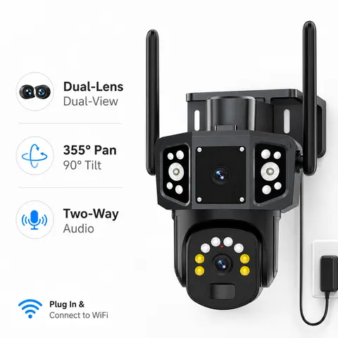 Outdoor Camera Security, Corded Home WiFi Dual-Lens Pan-Tilt Smart Monitor with HD 1080p (2048x1080) Resolution, 4x Digital, 355° View, Full Color Night Vision, 2-Way Audio, Motion Detection, Micro SD Support, No Monthly Fees