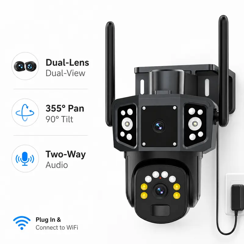 Outdoor Camera Security, Corded Home WiFi Dual-Lens Pan-Tilt Smart Monitor with HD 1080p (2048x1080) Resolution, 4x Digital, 355° View, Full Color Night Vision, 2-Way Audio, Motion Detection, Micro SD Support, No Monthly Fees