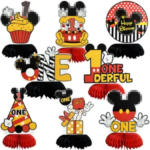 1st Birthday Black Red Yellow Mouse Themed Table Honeycomb Centerpieces, Red Mouse Table Topper Decor, Letter ONE for First Birthday Party Decorations Supplies (8 Pcs)