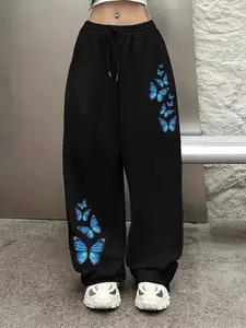 Women's Butterfly Print Wide Leg Pants, Comfortable Casual Trousers for Daily Wear, Fashionable Fitted Jeans for All Seasons