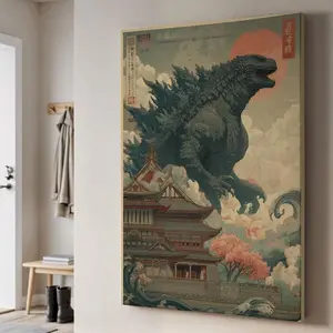 Retro Style Wall Decor, Collectible Godzilla Artwork, Godzilla Vintage Art, Japanese Monster Illustration with Pagoda And Clouds M